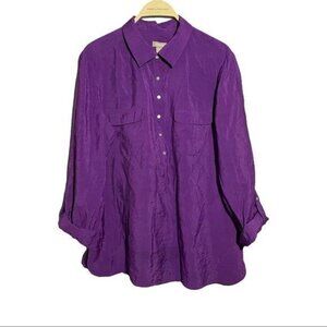 Chico Blouse Button Shirt Women Size 2 L/12 Solid Vibrant Purple Workwear Pocket